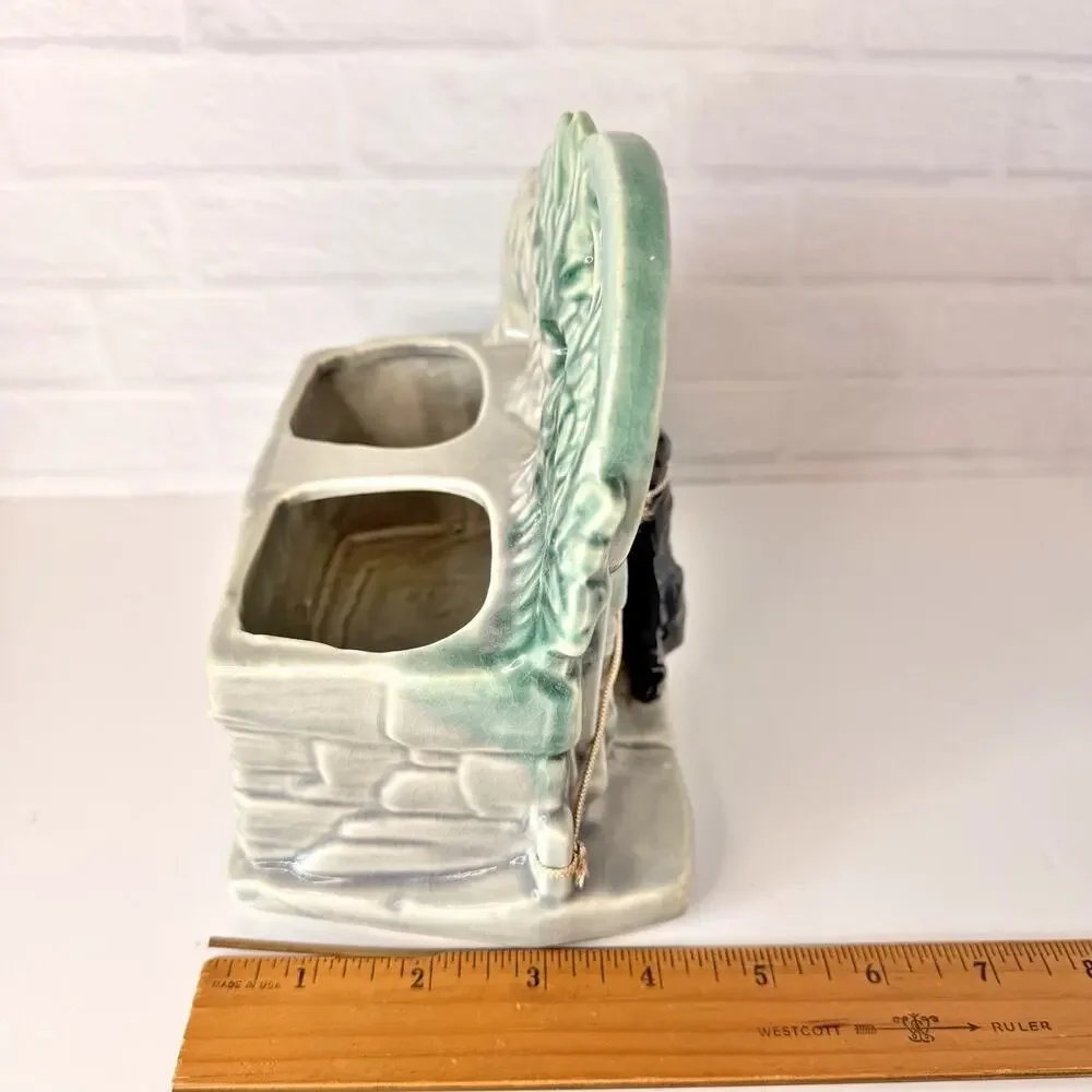 Vintage McCoy Green Spinning Wheel Planter Scottie Dog w/String USA 1950'sm